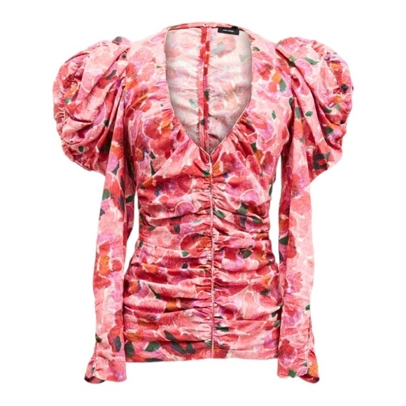 Isabel Marant $945 Floral Puff Sleeve Mirnao Ruched V Neck Top NWT Size 36 US 4 - Picture 5 of 11